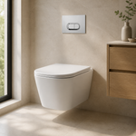 დასაკიდი უნიტაზის კომპლექტი Empolo VitrA-ს ჩასაშენებელი ავზით და ღილაკით MET103F — რეალურ ინტერიერში — ჩასაშენებელი ავზით სწორად დამონტაჟებული, დახურული საფრით და მშრალი