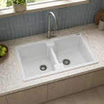 სამზარეულოს ნიჟარა Reginiox AMSTERDAM 20 გრანიტი ორმაგი Pure White 86*50*20სმ — რეალურ ინტერიერში — SKU R30998