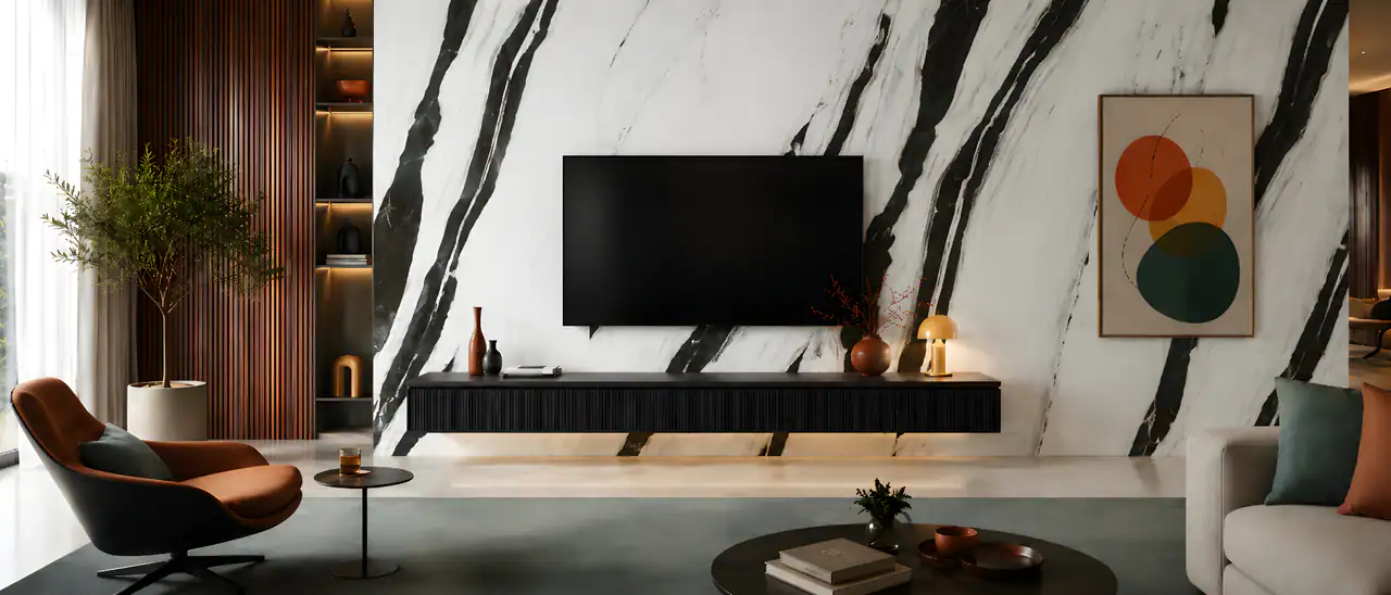 Infinity marble-look slab wall in a modern living room