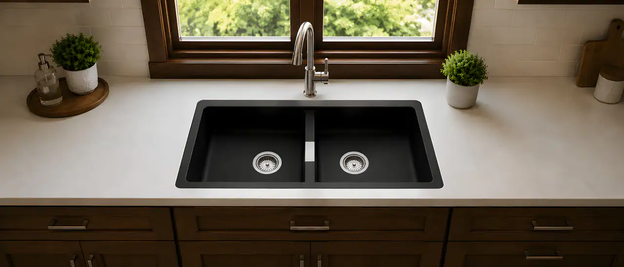 Schock black double kitchen sink below a wooden window