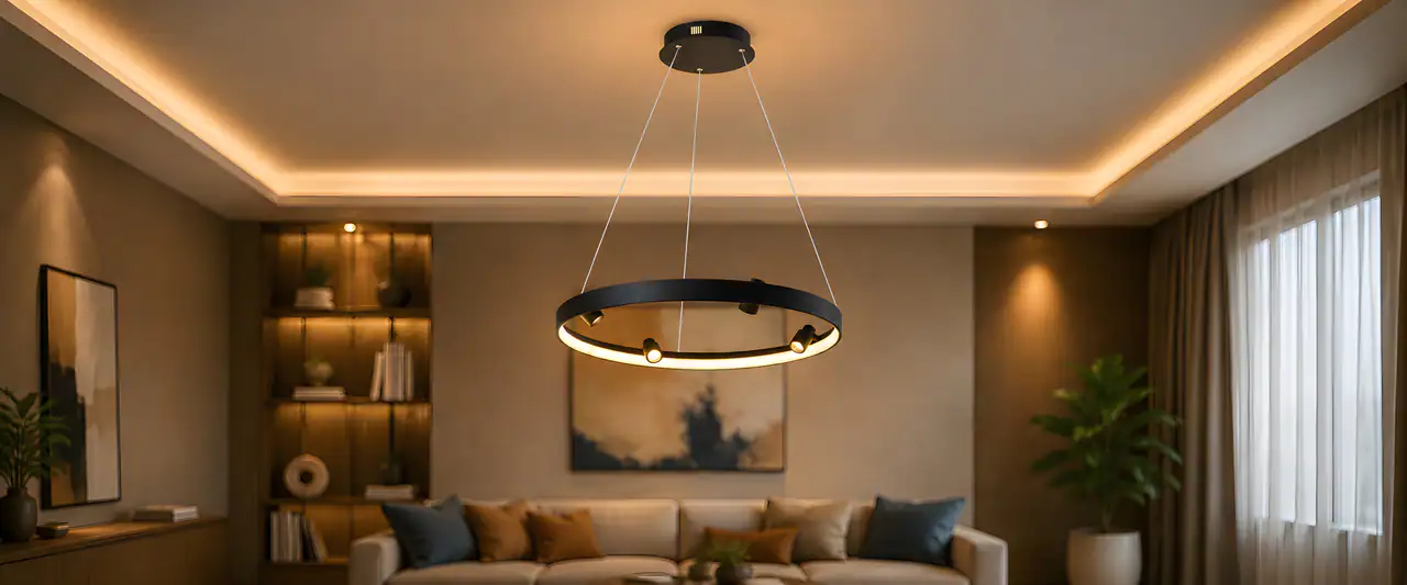 Viokef ring pendant lighting in a warm modern living room