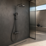 Gunon საშხაპე სისტემა თერმოსტატული მრგვალი შხაპის თავი და ხელის შხაპი/გან მეტალი L-8545 — რეალურ ინტერიერში — მშრალი და გამორთული