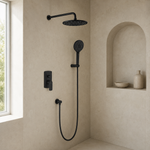 ჩასაშენებელი საშხაპე სისტემა Empolo შხაპის თავით, ხელის შხაპითა და შემრევით შავი მატი M72 4701MB — რეალურ ინტერიერში — მშრალი და გამორთული