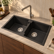 Amsterdam 20 Black Silvery kitchen sink installed dry in a kitchen, SKU R31001