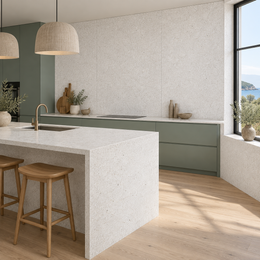 დიდი ფილები Infinity Terrazzo White მატი ბადის გარეშე 160სმ*320სმ*6მმ კვ.მ. — გამოყენების ვიზუალიზაცია