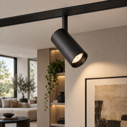 ტექნიკური განათება წერტილოვანი Viokef MAGNETIC LED 13ვატი 3000K შავი დიამ.4.8სმ 4244000 — რეალურ ინტერიერში — მაგნიტურ პროფილში