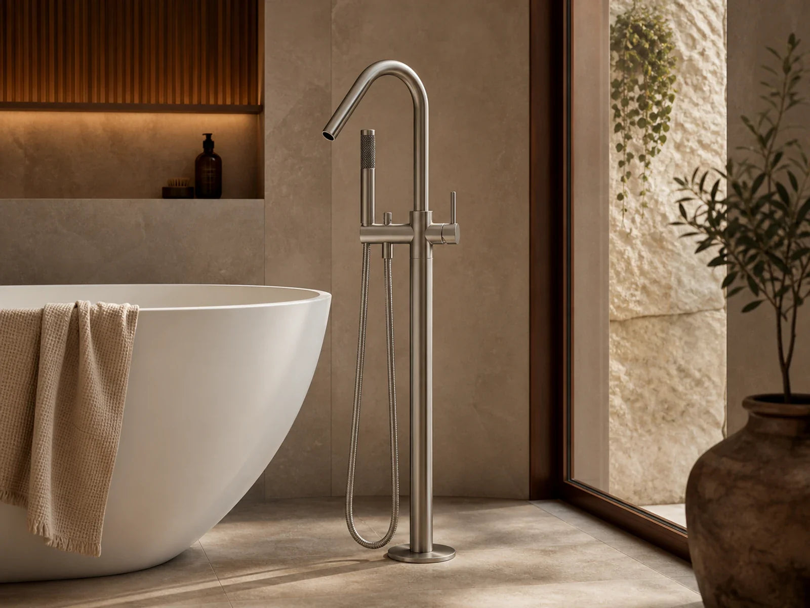 Floor-mounted Meir Bathroom mixer round with hand shower brushed nickel MB09-PVDBN