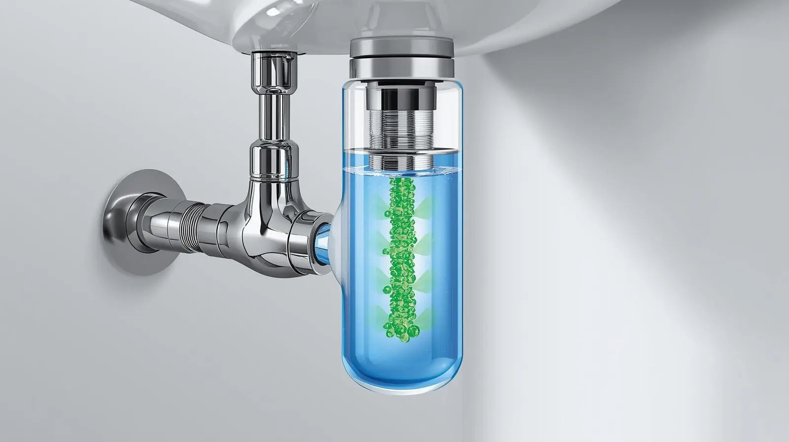 3D diagram of a plumbing siphon showing how the water seal blocks sewer gases.