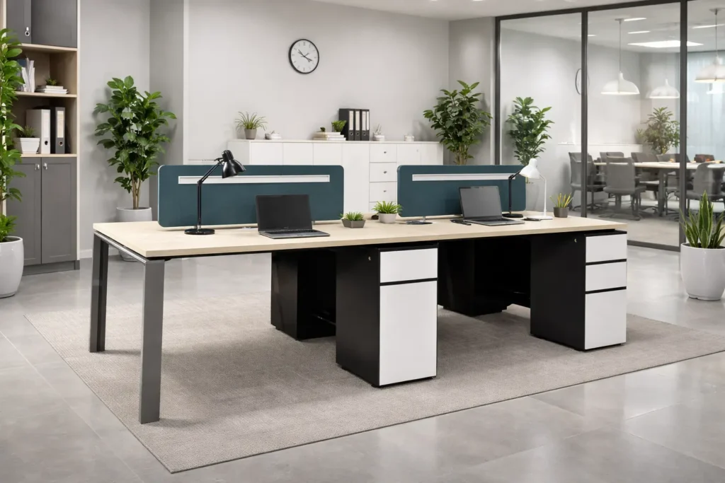 Miago 4-seater office workstation with dividers and modern setup.