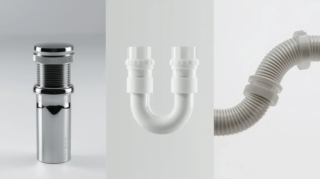 Comparison of three common sink siphon types: Bottle trap, Tubular trap, and Corrugated pipe.
