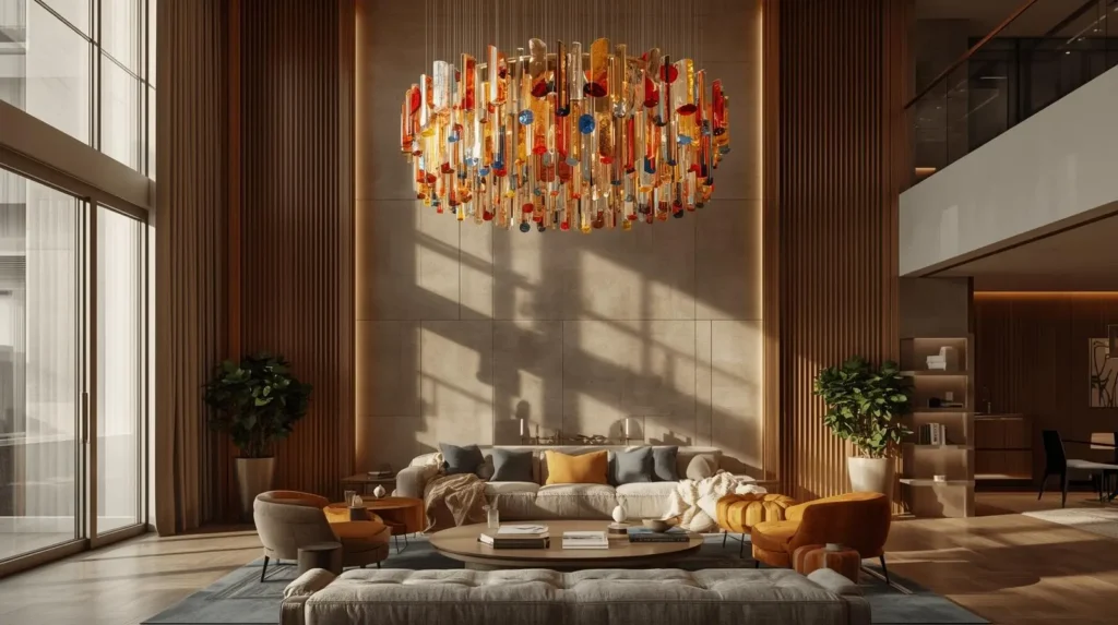 Artistic glass chandelier adding color and style to a modern living room.
