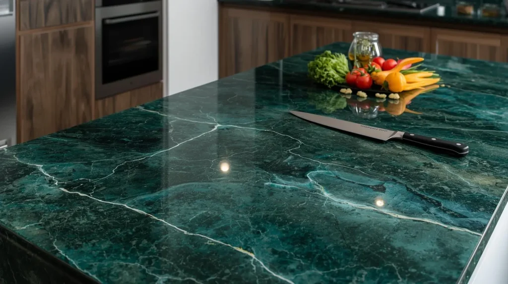 Luxury kitchen island featuring durable Ascale Seagreen porcelain surface.