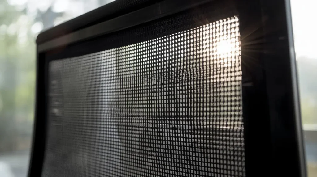 Macro detail of breathable mesh texture on a high-quality office chair.