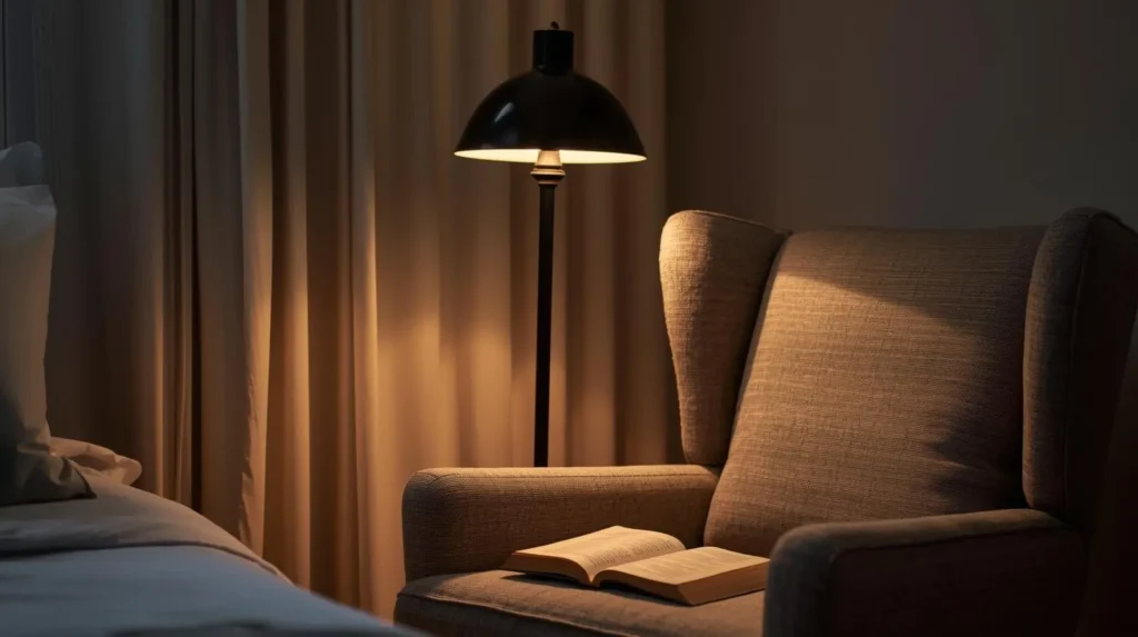Cozy reading nook illuminated by a sleek modern floor lamp.