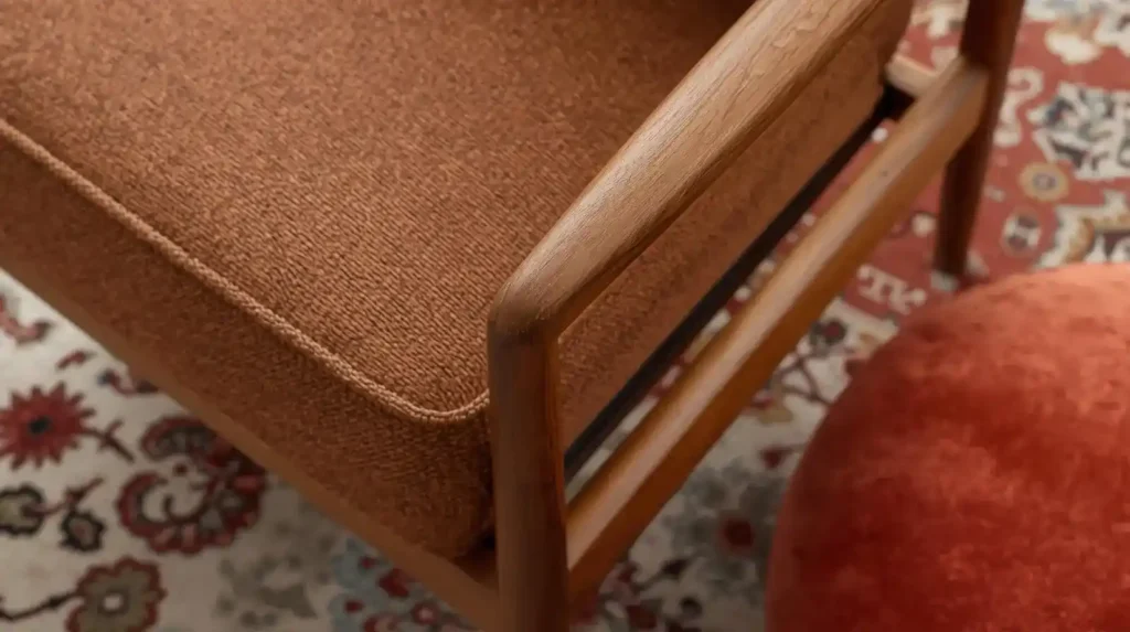 designer armchair wood fabric detail 1