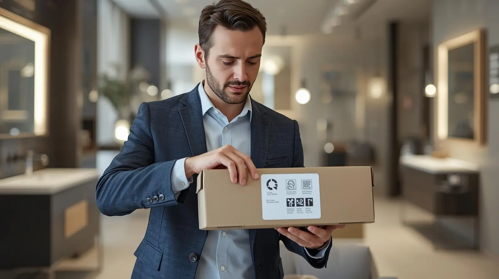 Expert examining technical symbols on renovation material packaging to determine quality and durability.