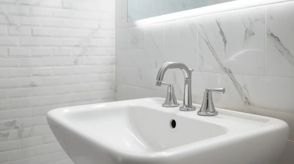 Completed luxury bathroom renovation featuring Merlons tiles and sanitary ware.