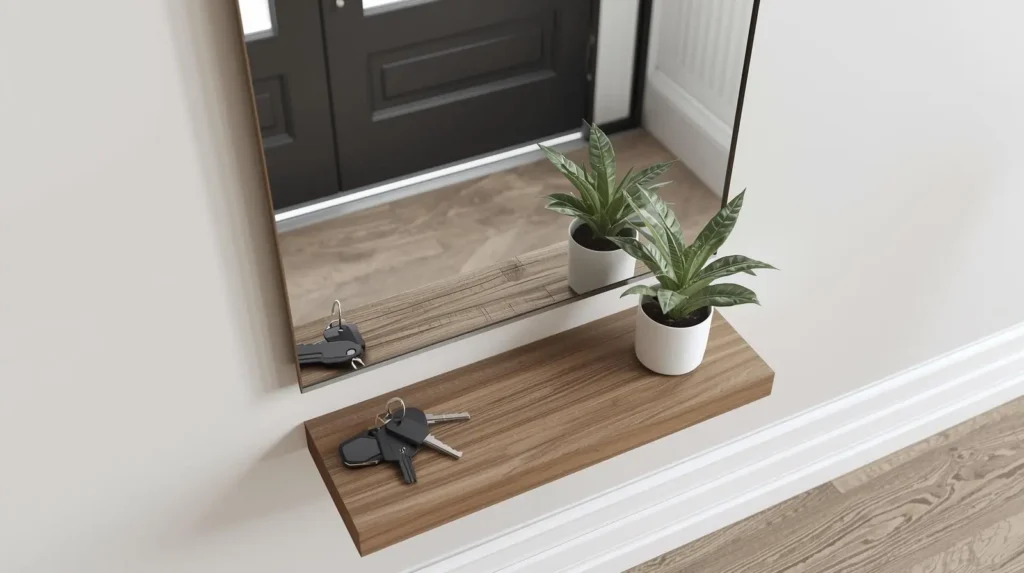 Modern entryway mirror with built-in shelf for storage in small spaces.