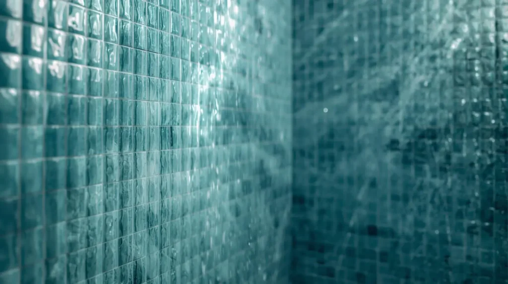 glossy aqua blue wavy tiles spa design