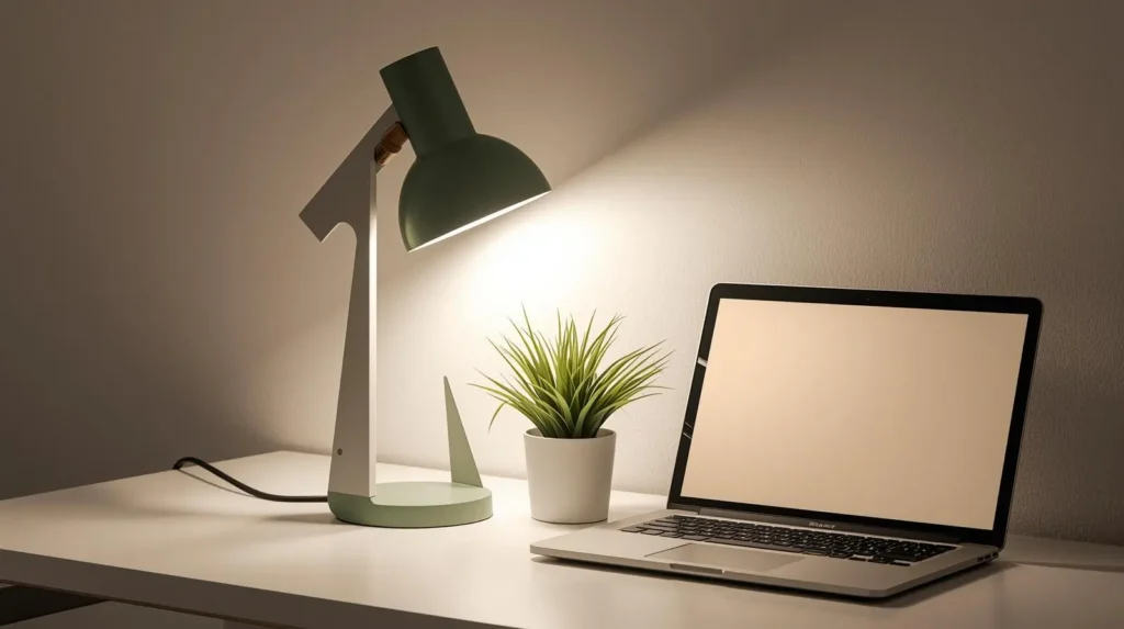 Stylish green table lamp adding character to a modern workspace desk.