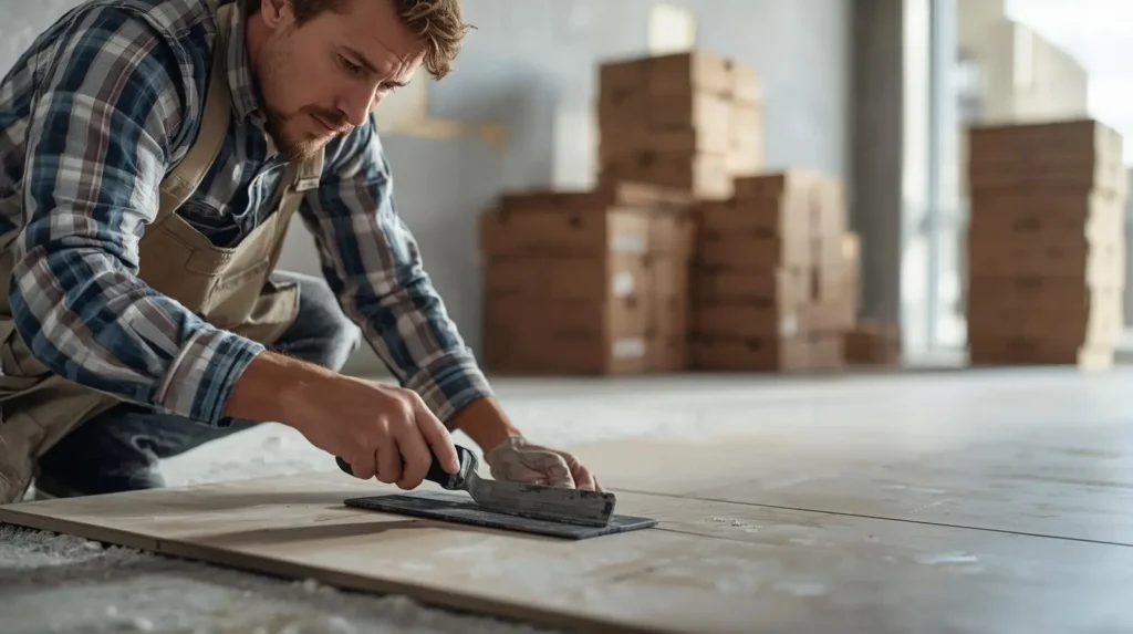 Professional installation of large format porcelain tiles during the finishing phase of renovation.