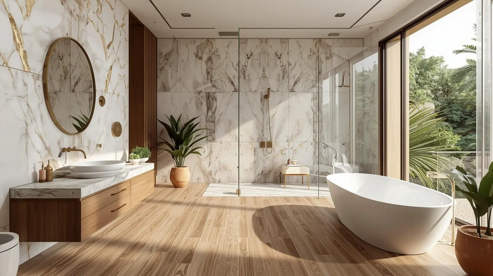 Luxury spa-style bathroom featuring 2026 design trends: white marble with gold veining mixed with textured wood-look porcelain floor tiles.