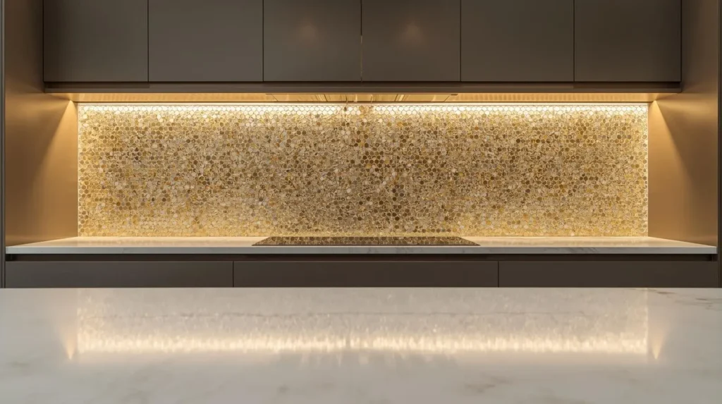 Elegant kitchen backsplash featuring golden and white hexagonal mosaic tiles suitable for modern interiors.