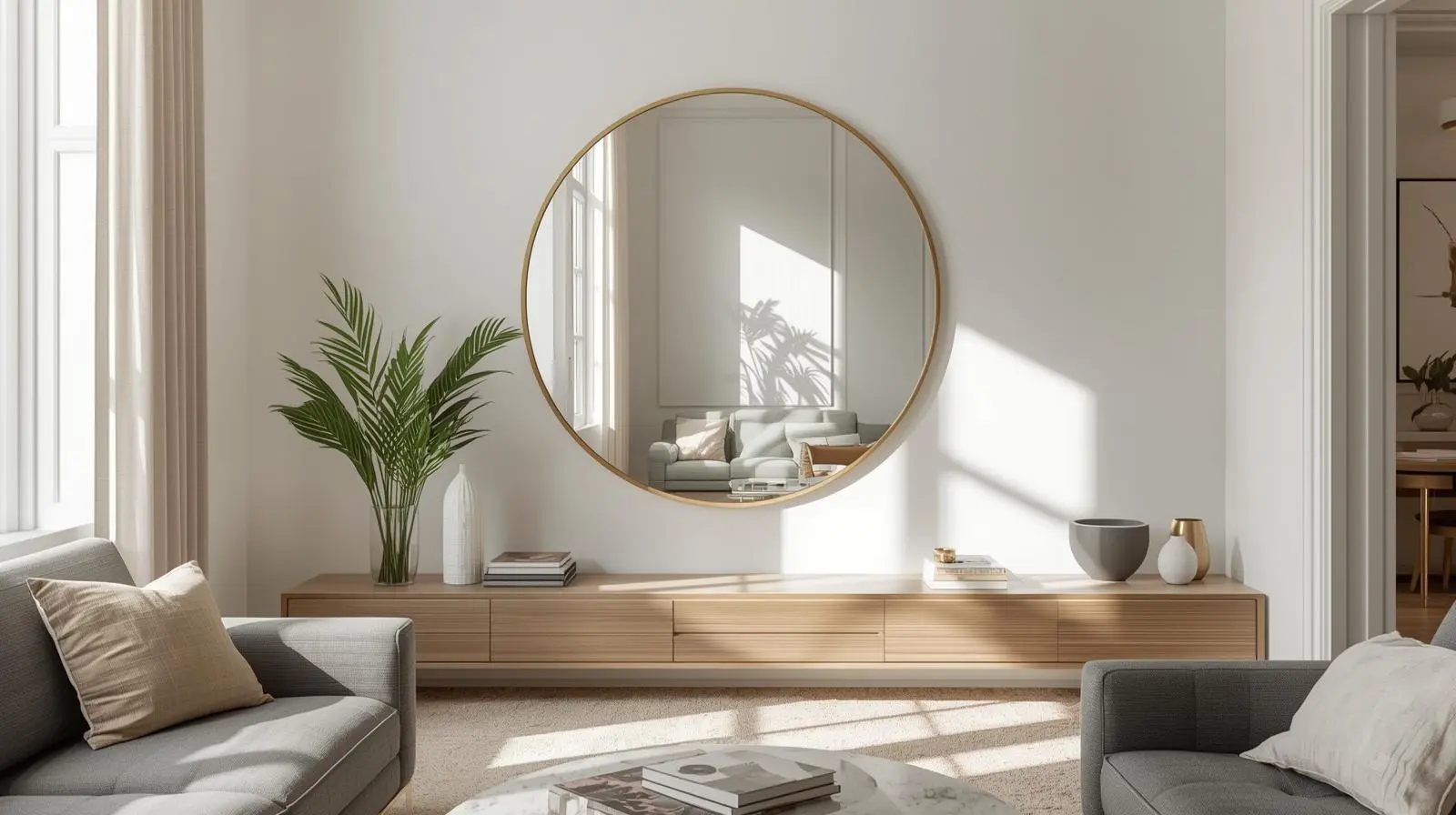 Large round mirror with thin frame visually expanding a small living room.