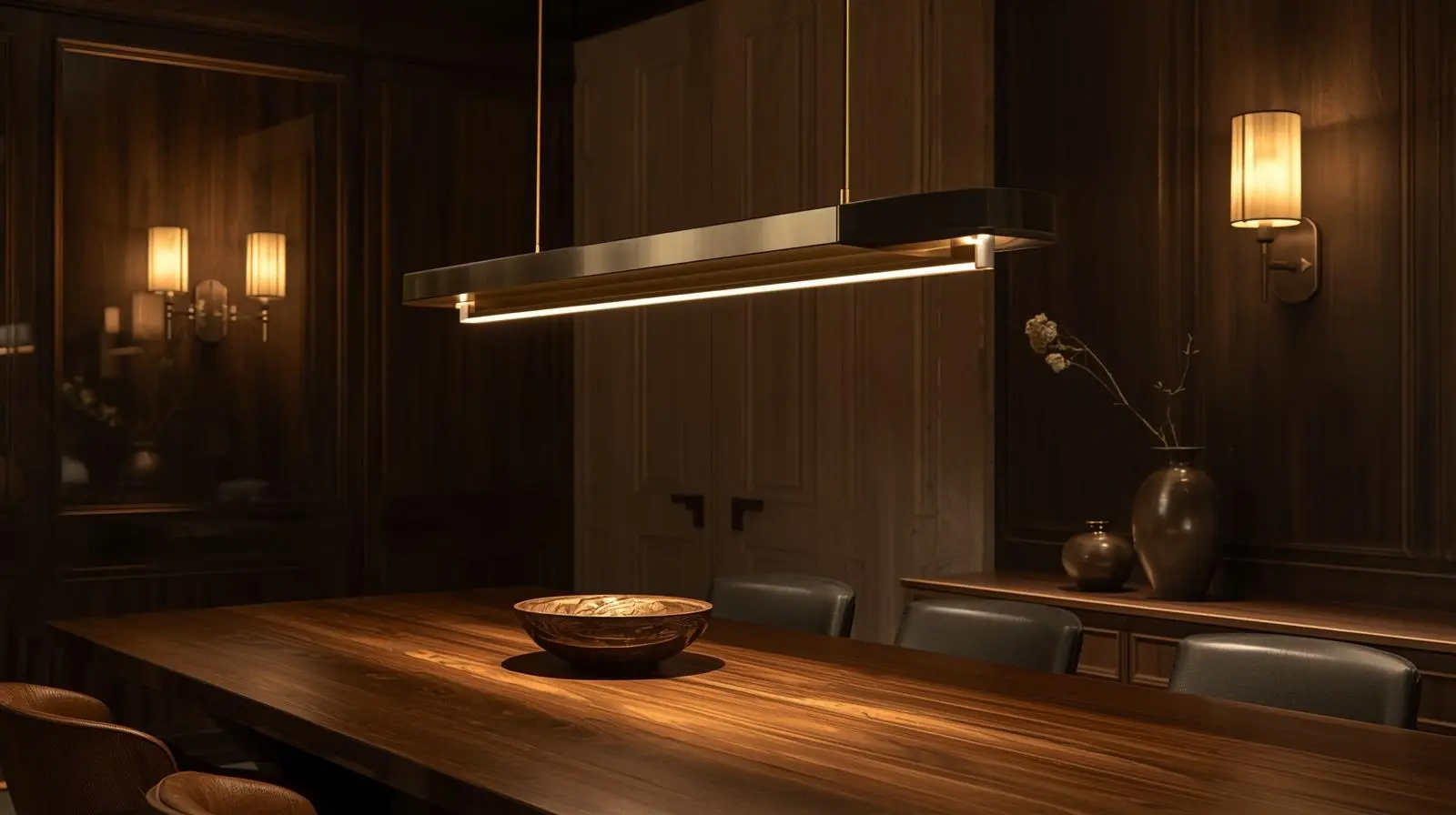 Modern dining room featuring sophisticated gold and black chandelier lighting.