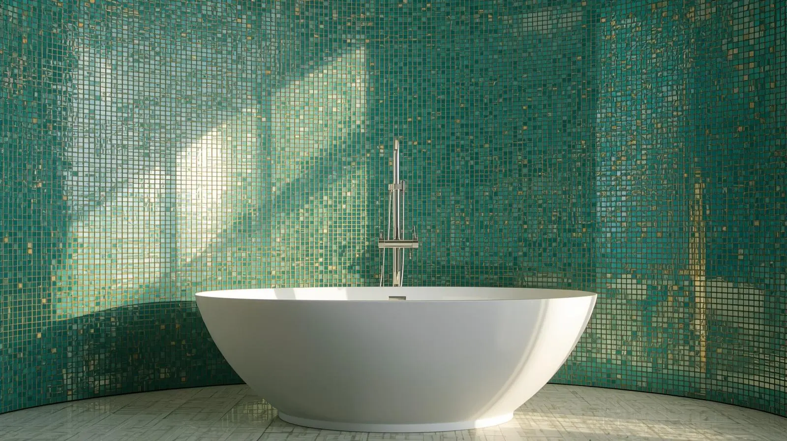 Luxurious bathroom featuring shimmering glass mosaic tiles on a curved feature wall.