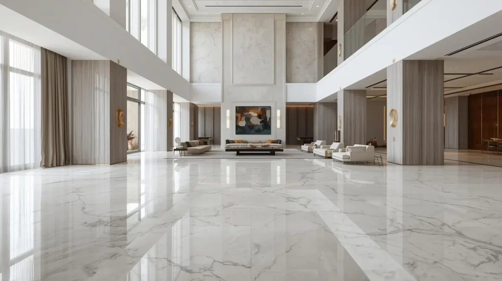 Seamless Infinity Calacatta Oro large format flooring in a luxury living room.