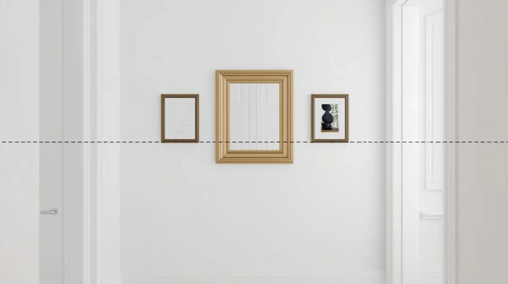 Infographic demonstrating the 155cm eye-level rule for hanging mirrors and wall art.