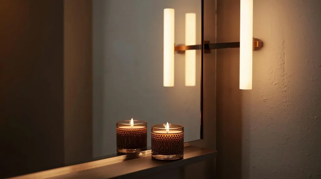 Bathroom mirror reflecting warm light from a wall sconce and candle, doubling the brightness.
