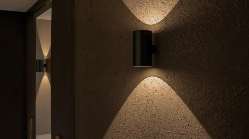 Modern black wall sconce casting dramatic light patterns for ambiance.