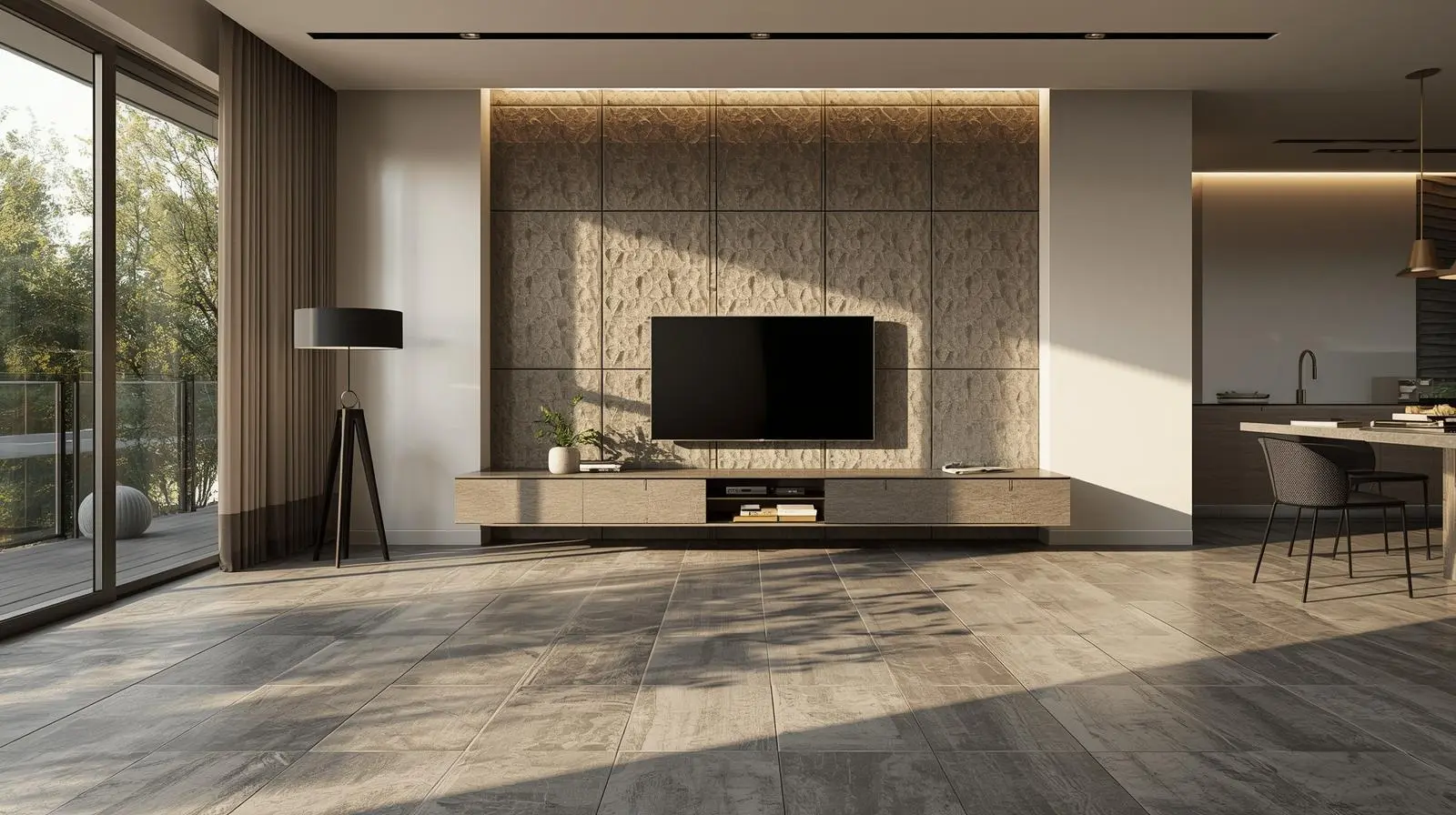 Modern living room featuring durable porcelain floor tiles and decorative ceramic wall tiles.