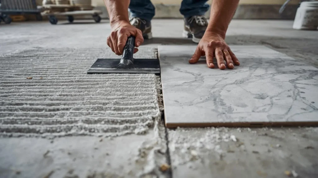 Professional tiler using notched trowel for straight adhesive ridges and back-buttering technique.