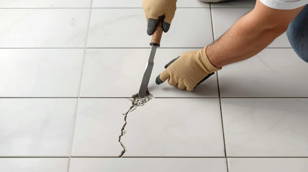 Demonstration of replacing a single broken tile, made possible without damaging surrounding tiles due to the grout joint spacing.