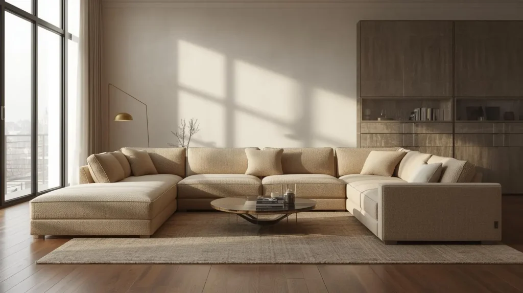 Modern living room featuring premium soft furniture, modular sofas, and designer armchairs.