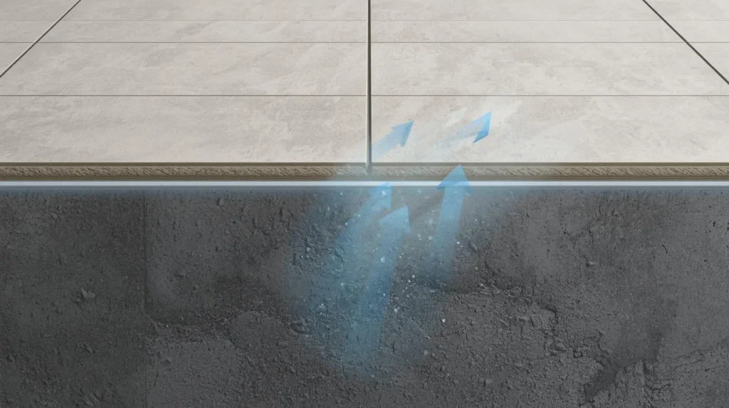 Cross-section diagram showing how grout joints allow moisture to escape, ensuring tile adhesive stability in damp areas.