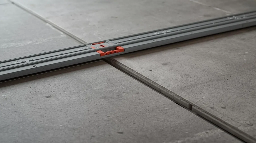 Close-up of tile leveling system with clips and wedges ensuring perfectly flat floor installation.