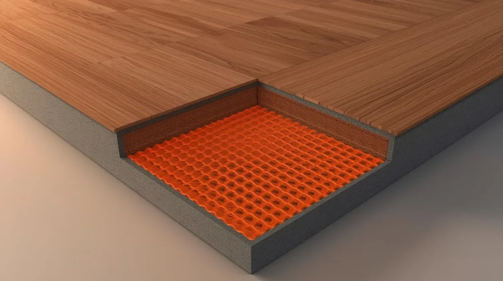 Cross-section visual showing how ceramic tiles conduct heat efficiently from underfloor heating pipes.