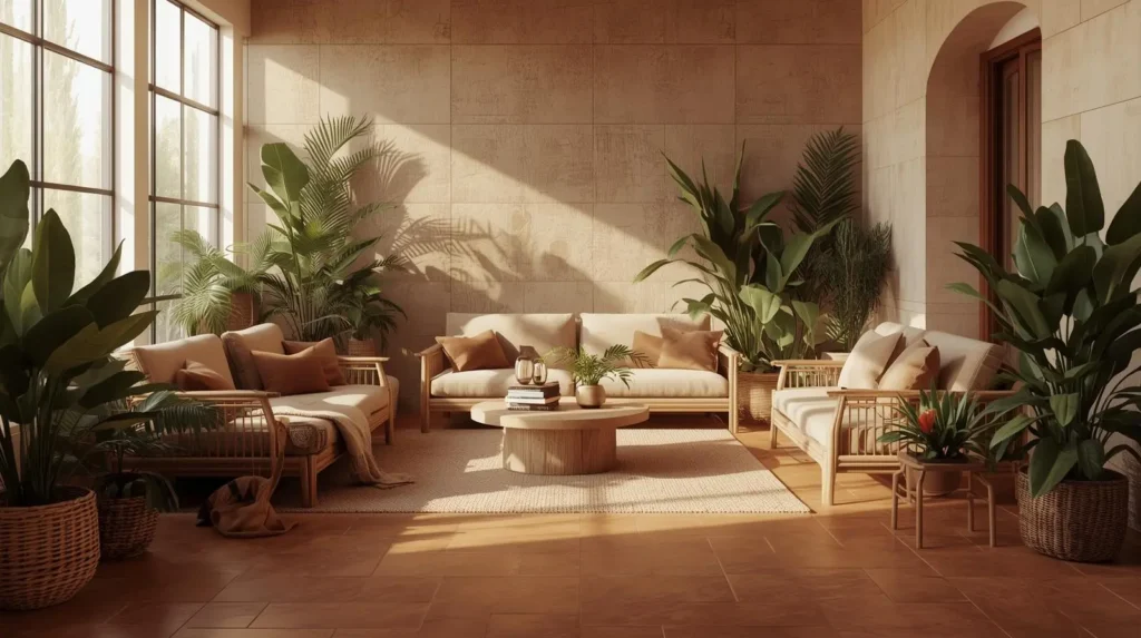 warm terracotta beige floor tiles living room