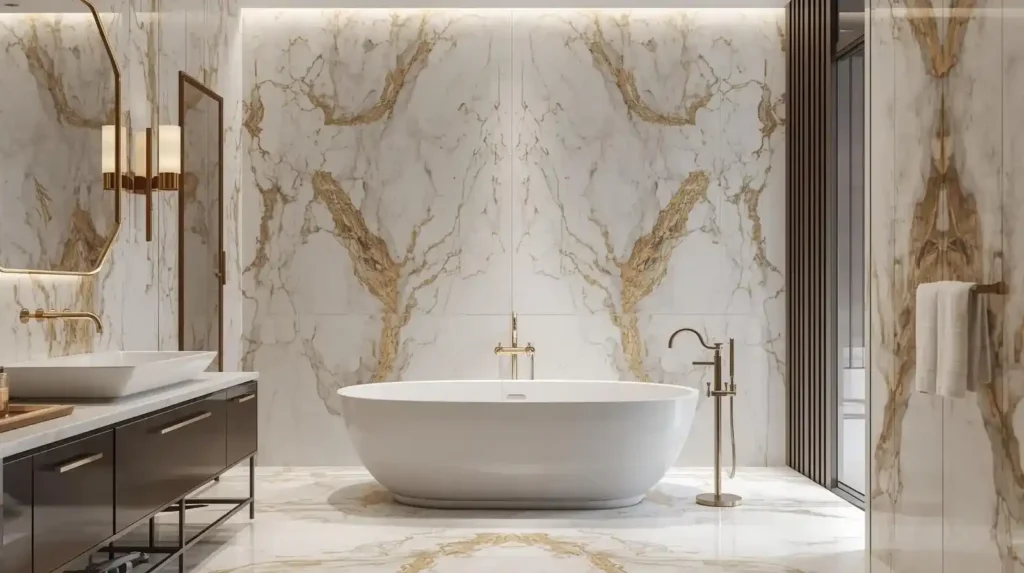 white marble gold veining bathroom tiles 1