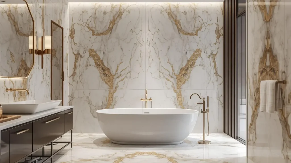 white marble gold veining bathroom tiles