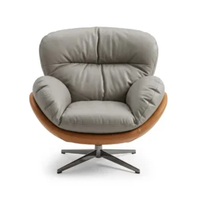 The reception chair was upholstered in white fabric with a swivel base. DY-0114-1/WHITE